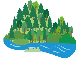 山に立木があり麓に河川など水源がある模式図