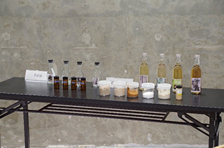 ミズナラ、スギ、クロモジ、シラカバの4種類から製造した「木の酒」の写真
