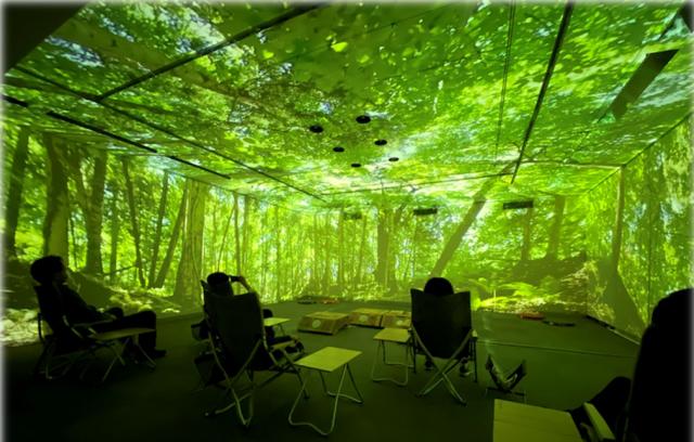 写真1 デジタル技術をつかって森林の風景・音・香りを屋内で再現した「デジタル森林浴」を実験している様子