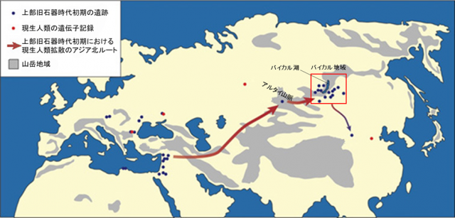 図1 旧石器時代初期における現生人類拡散のアジア北ルートを示した図