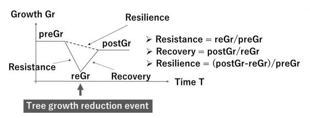 Estimates of past tree growth reduction events and their resistance, resilience, and recovery based on tree annual ring fluctuations.