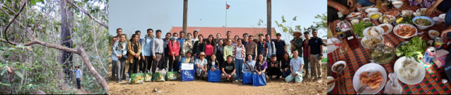 left: a large tree in the forest and a person touching it; group photo of survey participants gathered in front of the primary school gate; photo of a feast with various dishes on many plates.