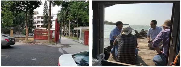 photo02:left panel, photo of the entrance of Forest Academy of Science; right panel, photo of four person sitting on a wooden pier protruding into the sea.