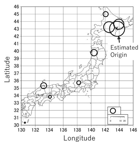 Map of Japan. Circle of presumed place of origin in Hokkaido.