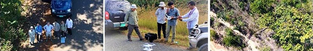 Researchers setting up a drone and views from above by the drone.