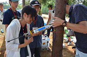 写真3：サイエンスキャンプ2013実習風景「樹木が消費する水の量を調べる」2