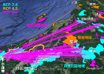 図3.関東・東北各地の国立・国定公園の山頂部から、長野県小谷村に移動してくる表示例