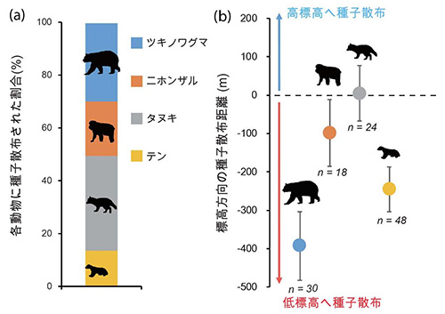 図3.各哺乳類が種子を散布した割合と散布距離を表す図
