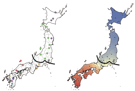 photo01:ミズナラが中部地方を境として日本列島の南北で遺伝的に分化している様子を示した図