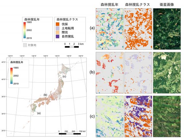 図1 左：日本全域を対象に30m解像度でマッピングした図と、右：宮崎、兵庫、北海道の例を示した図