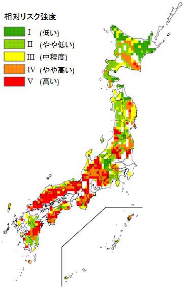 図1 全国の森林域における陸水（渓流水や湖沼水）の酸性化リスクマップ