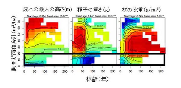 図 林齢と胸高断面積合計の変化に伴う林内の樹木の性質の変化（暖帯林の場合）