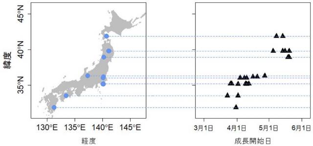 図：緯度と直径成長の開始日・停止日との関係。