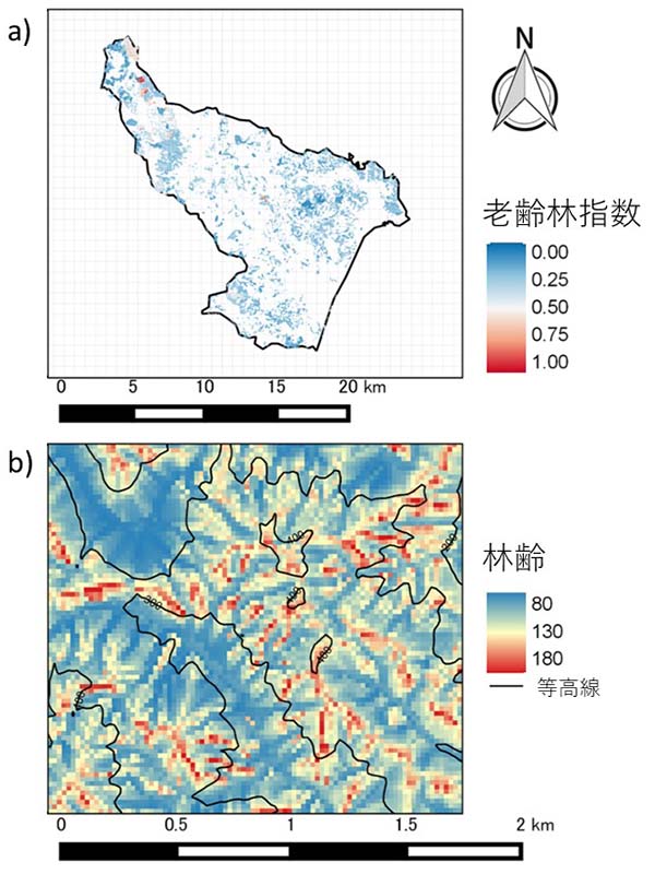 図1.  茨城県北部を対象とした林分構造の複雑さの予測図