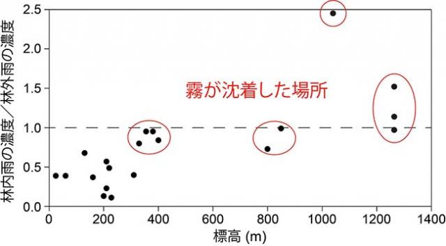 図2：21箇所の山地森林における標高と放射性セシウムの林内雨の濃度