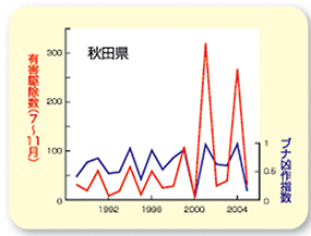 2.東北地方の多くでは、ブナが不作の年にクマの出没（有害捕獲数）が多い（Oka et al.2004より一部改変）